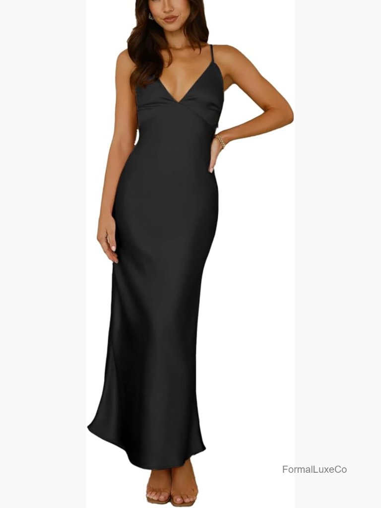 Elegant Satin Spaghetti Strap V-Neck Backless Midi Dress For Wedding Guest